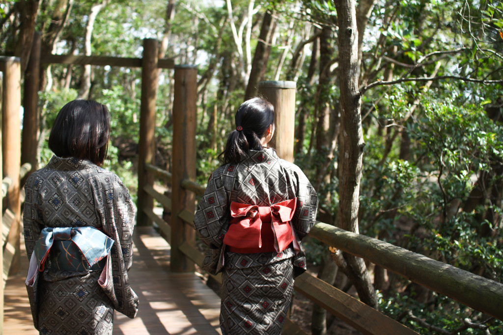 大島紬を着る二人の女性