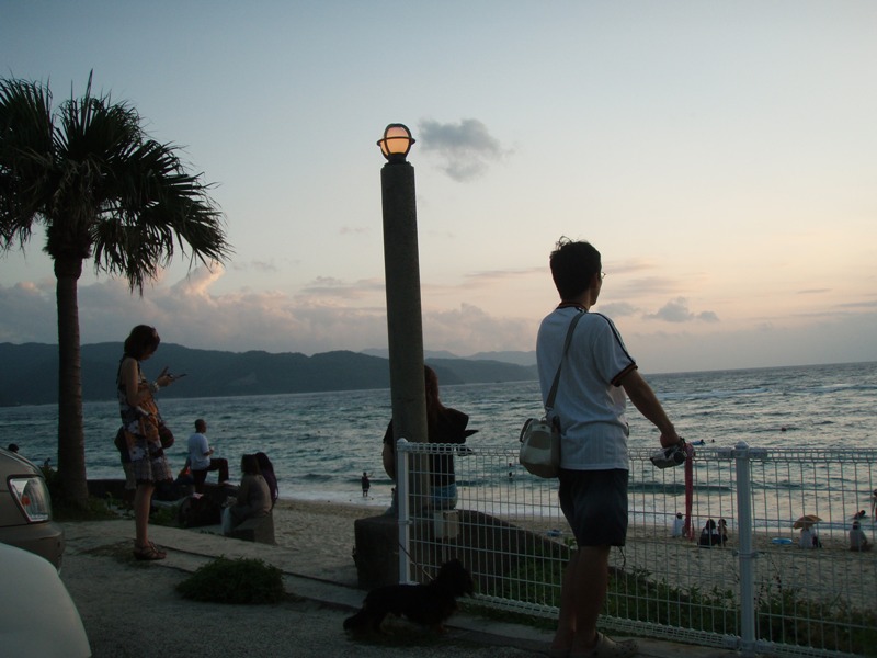 大浜海浜公園の夕日を見る人たち